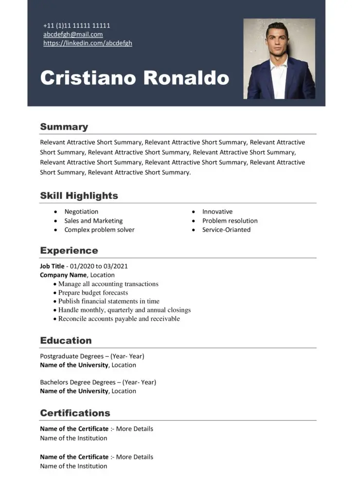 Cristiano Ronaldo New Free Modern Updated CV Templates Free Download Professional CV Templates