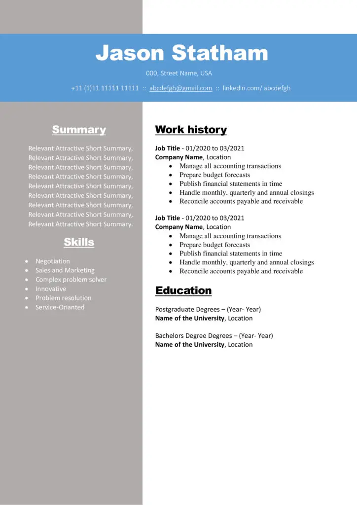 Jason Statham New Free Modern Updated CV Templates Free Download Professional CV Templates
