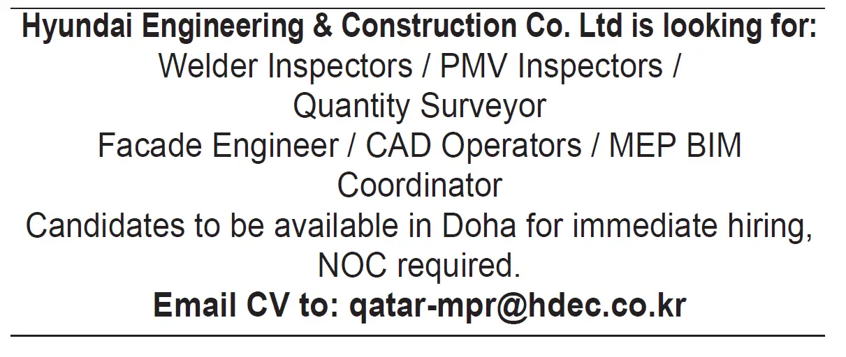 Hyundai Engineering & Construction Co. Ltd Qatar Vacancies (August
