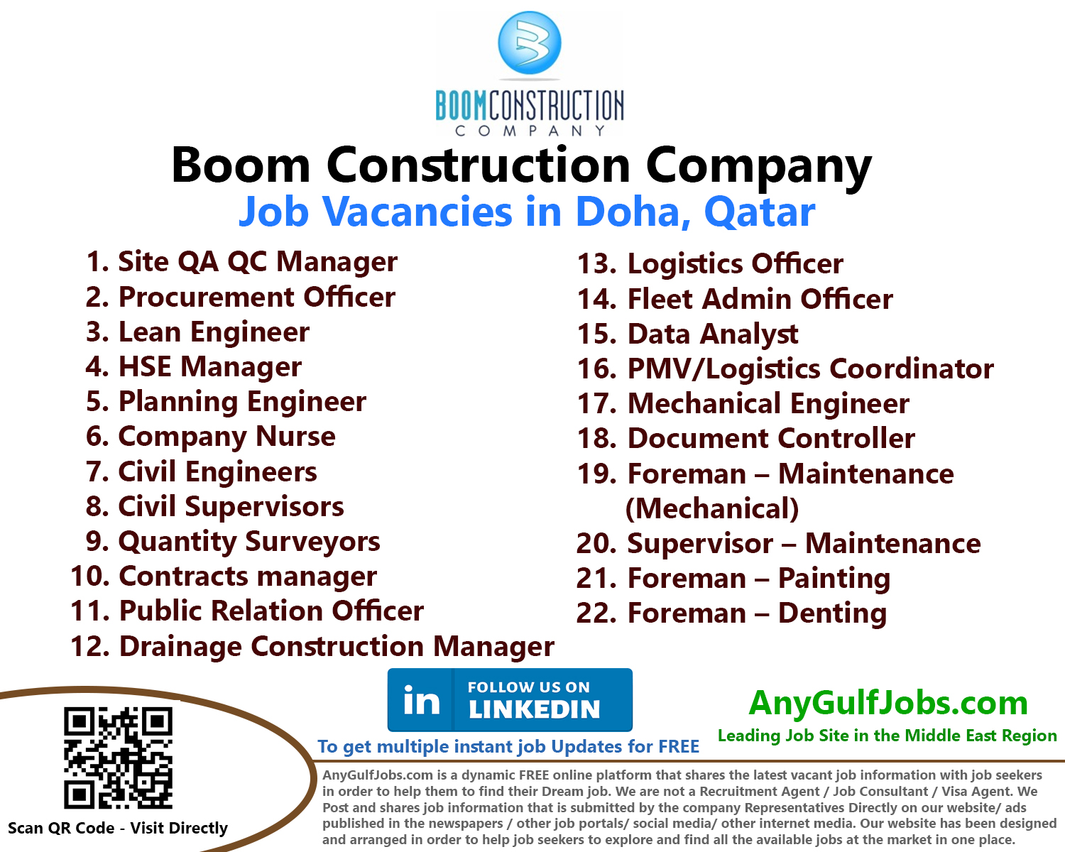 Boom Construction Company Job Vacancies in Doha, Qatar