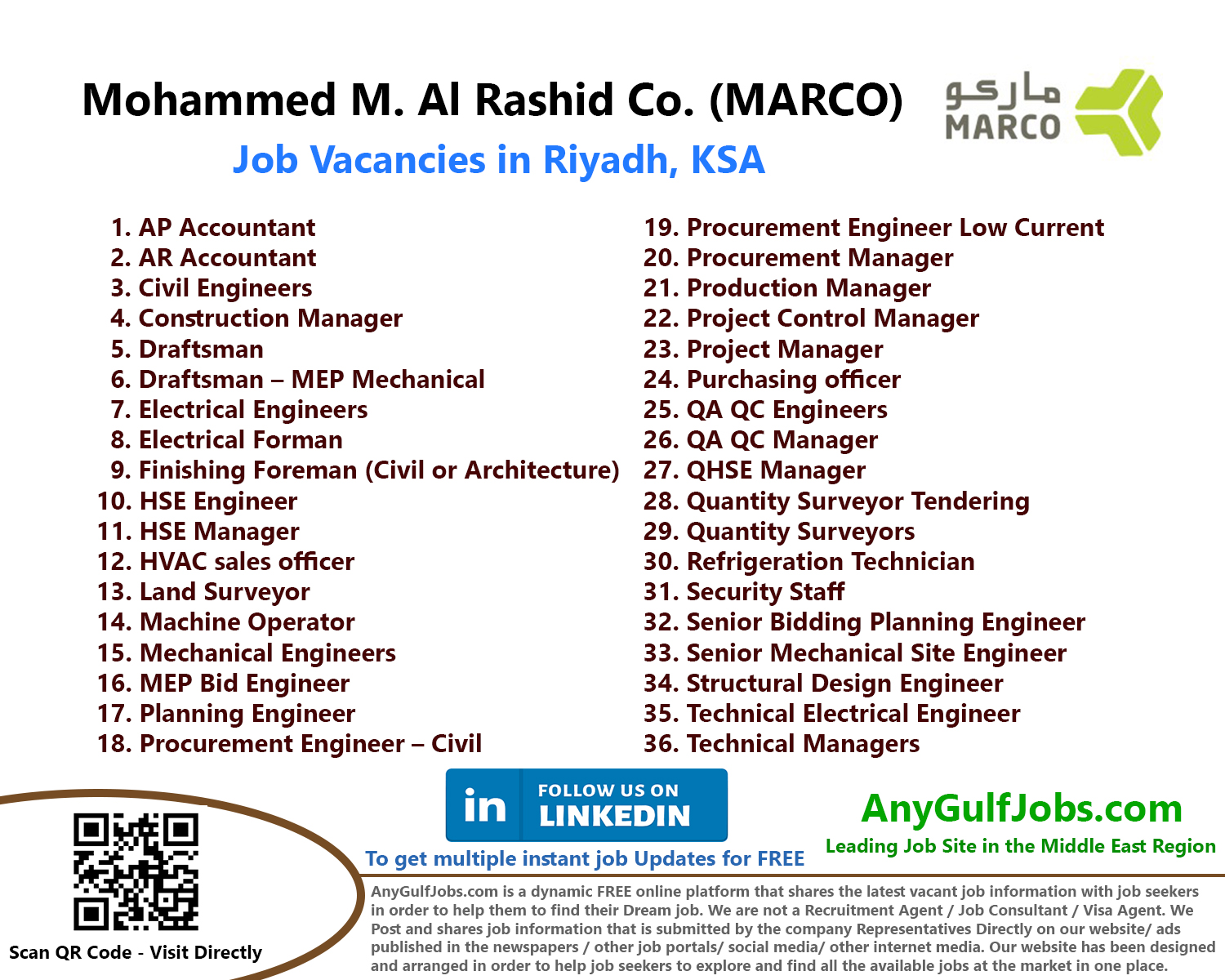 Mohammed M. Al Rashid Co. (MARCO) Job Vacancies - Riyadh, Saudi Arabia - KSA