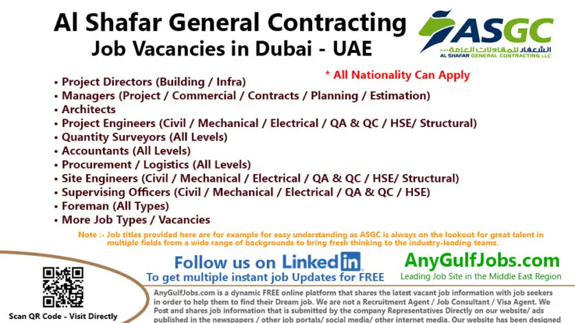 Al Shafar General Contracting Job Vacancies in Dubai, United Arab Emirates