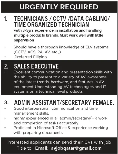 Gulf Time classifieds Jobs - AnyGulfJobs.com Multiple Jobs (Technicians / Sales Executive / Admin)