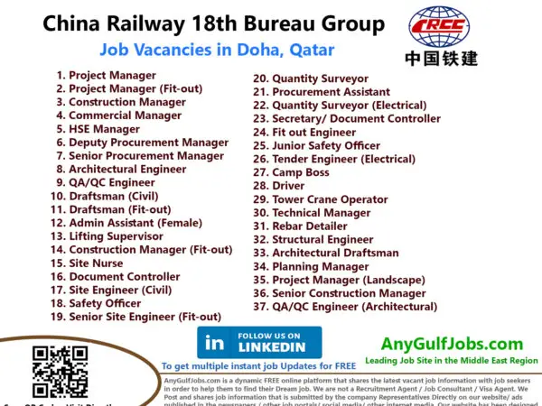 China Railway 18th Bureau Group Job Vacancies in Qatar