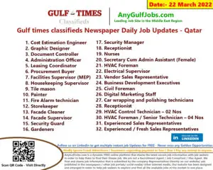 Gulf times classifieds Job Vacancies Qatar - 22 march 2022