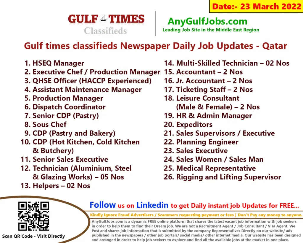 Gulf times classifieds Job Vacancies Qatar - 23 March 2022