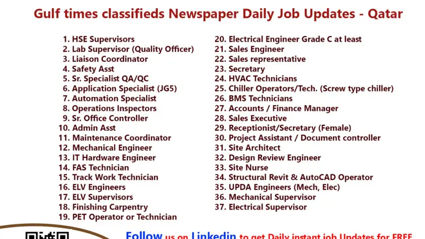 Gulf times classifieds Job Vacancies Qatar - 27 March 2022