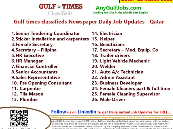 Gulf times classifieds Job Vacancies Qatar - 28 March 2022