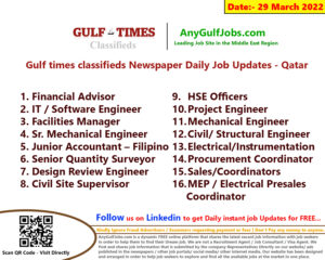 Gulf times classifieds Job Vacancies Qatar - 29 March 2022