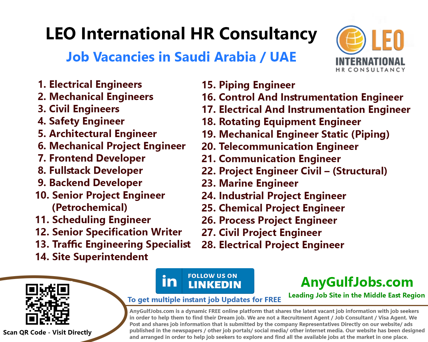 LEO International HR Consultancy Job Vacancies in Saudi Arabia / UAE