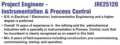 Project Engineer - Instrumentation & Process Control