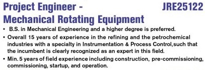 Project Engineer - Mechanical Rotating Equipment