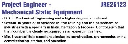 Project Engineer - Mechanical Static Equipment