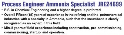 Process Engineer Ammonia Specialist