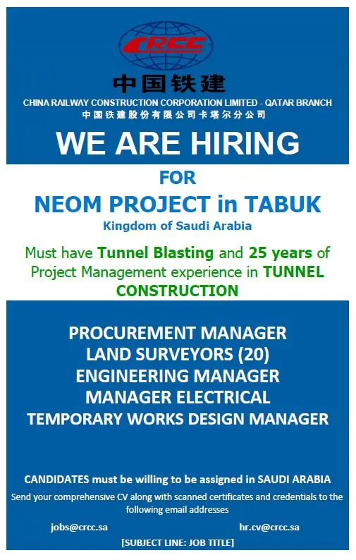 Multiple China Railway Construction Corporation Limited Job Vacancies - Tabuk