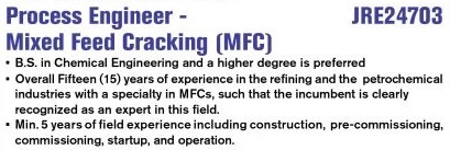Process Engineer - Mixed Feed Cracking (MFC)