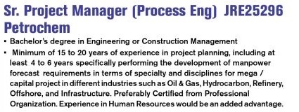 Sr. Project Manager (Process Eng) Petrochem
