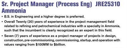 Sr. Project Manager (Process Eng) Ammonia