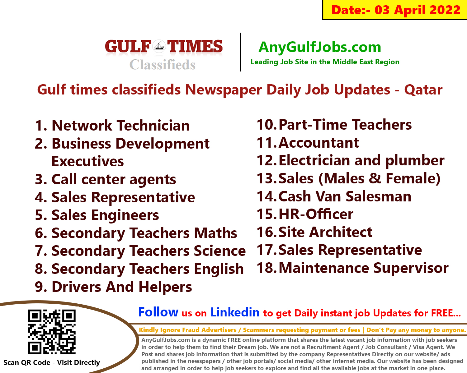 Gulf times classifieds Job Vacancies Qatar - 03 April 2022