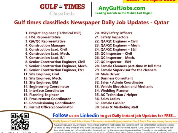 Gulf times classifieds Job Vacancies Qatar - 04 April 2022