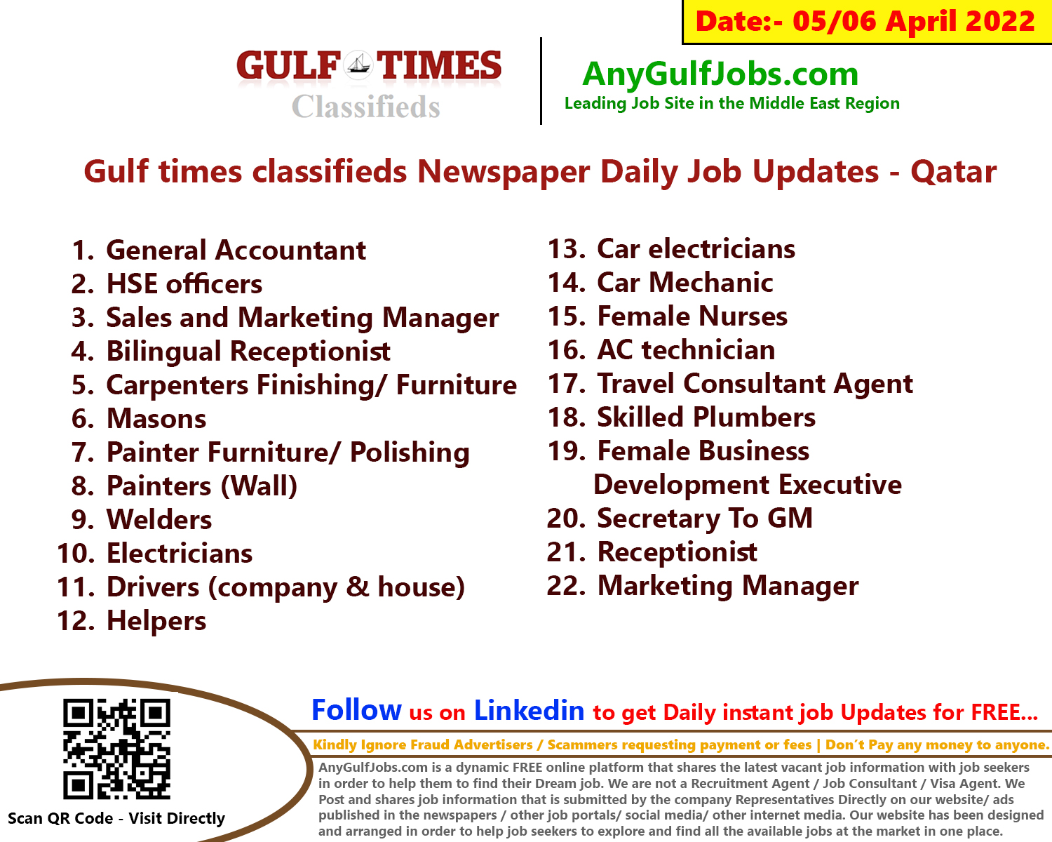 Gulf times classifieds Job Vacancies Qatar - 05/06 April 2022