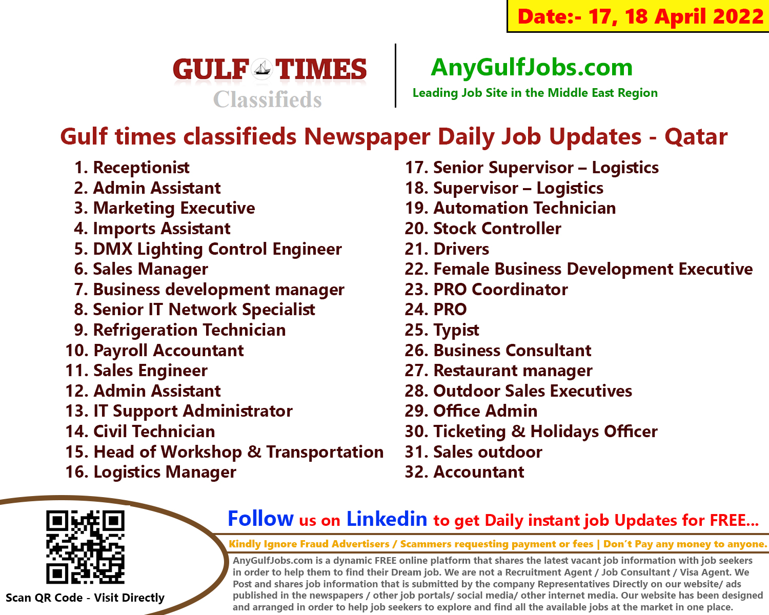 Gulf times classifieds Job Vacancies Qatar - 17,18 April 2022
