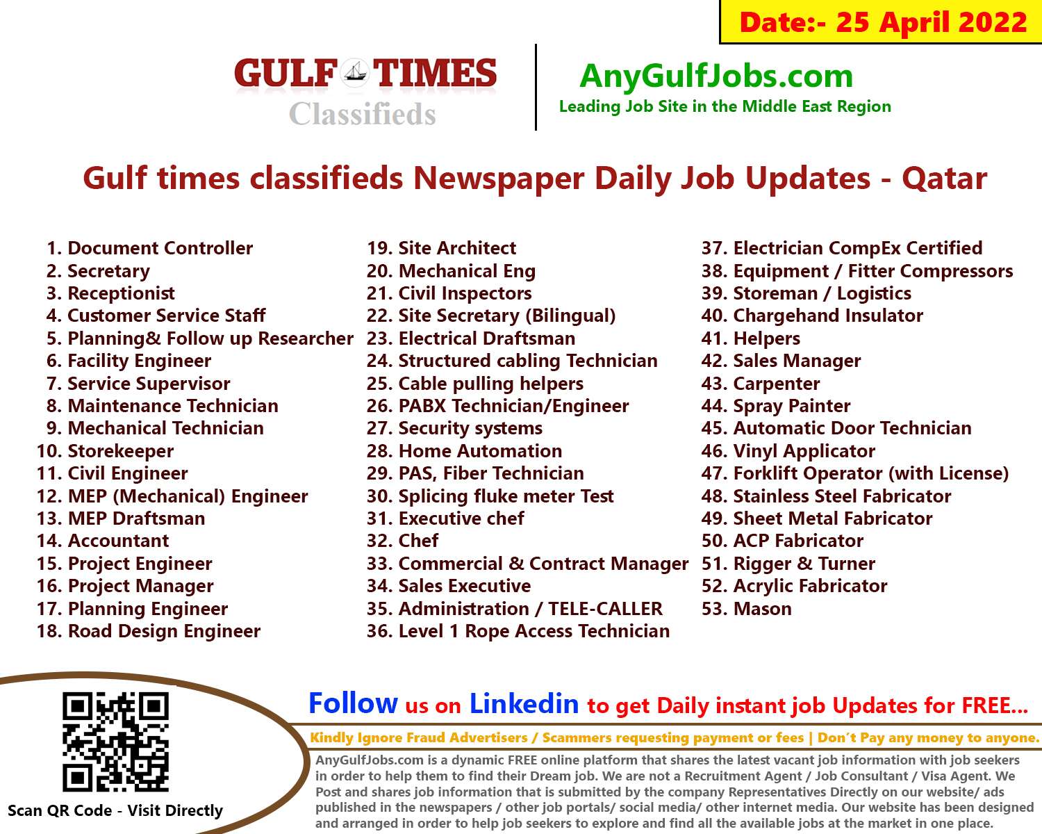 Gulf times classifieds Job Vacancies Qatar - 25 April 2022