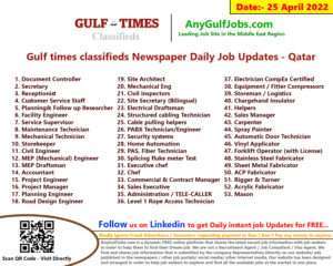 Gulf times classifieds Job Vacancies Qatar - 25 April 2022