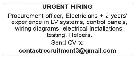 Procurement Officer / Electrical Technician / Helpers