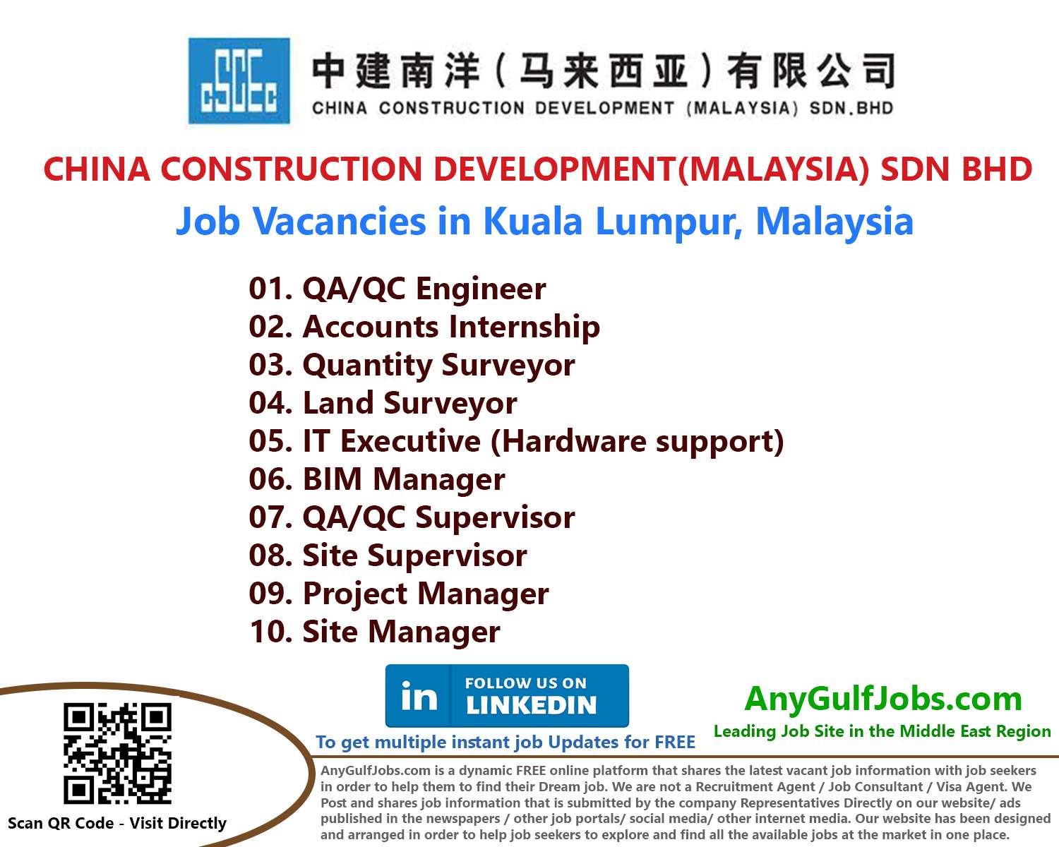 China Construction Development (Malaysia) SDN Bhd Job Vacancies - Kuala Lumpur, Malaysia