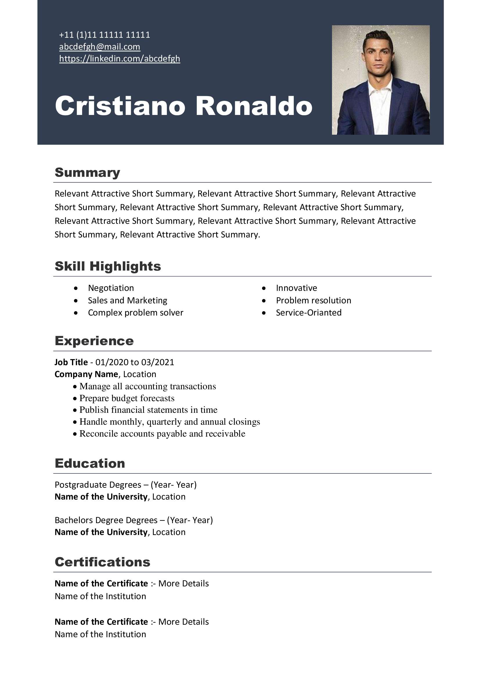 Free Download Professional CV Templates - Editable DOC - Cristiano Ronaldo