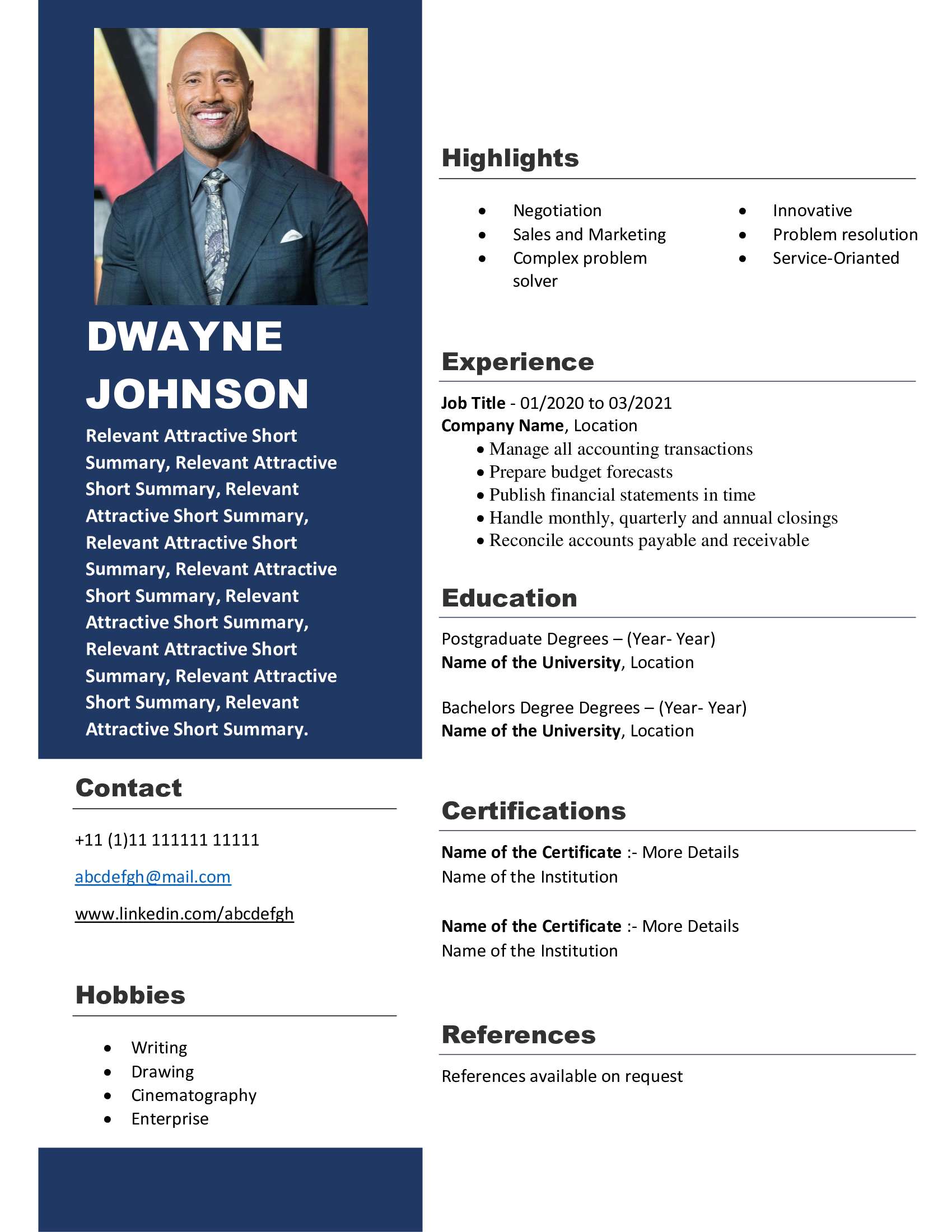 Free Download Professional CV Templates - Editable DOC - Dwayne Johnson