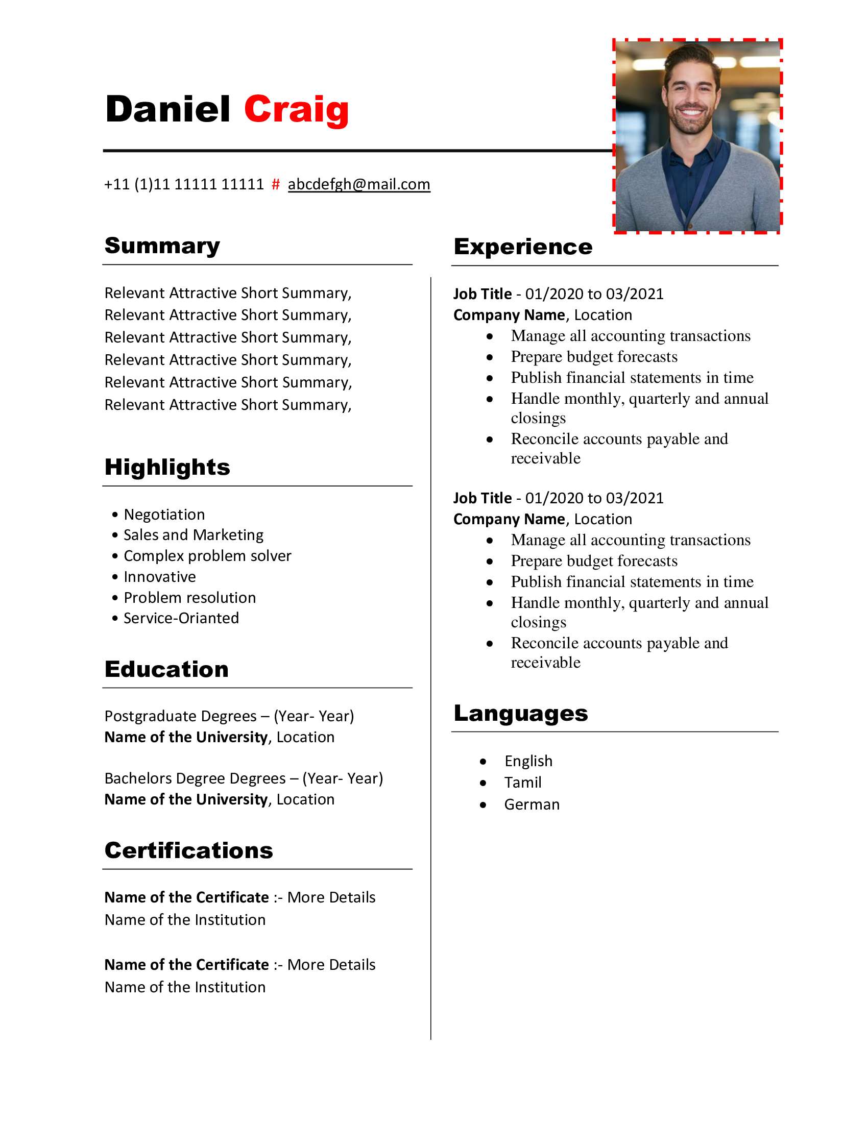 Free Download Professional CV Templates - Editable DOC - Daniel Craig