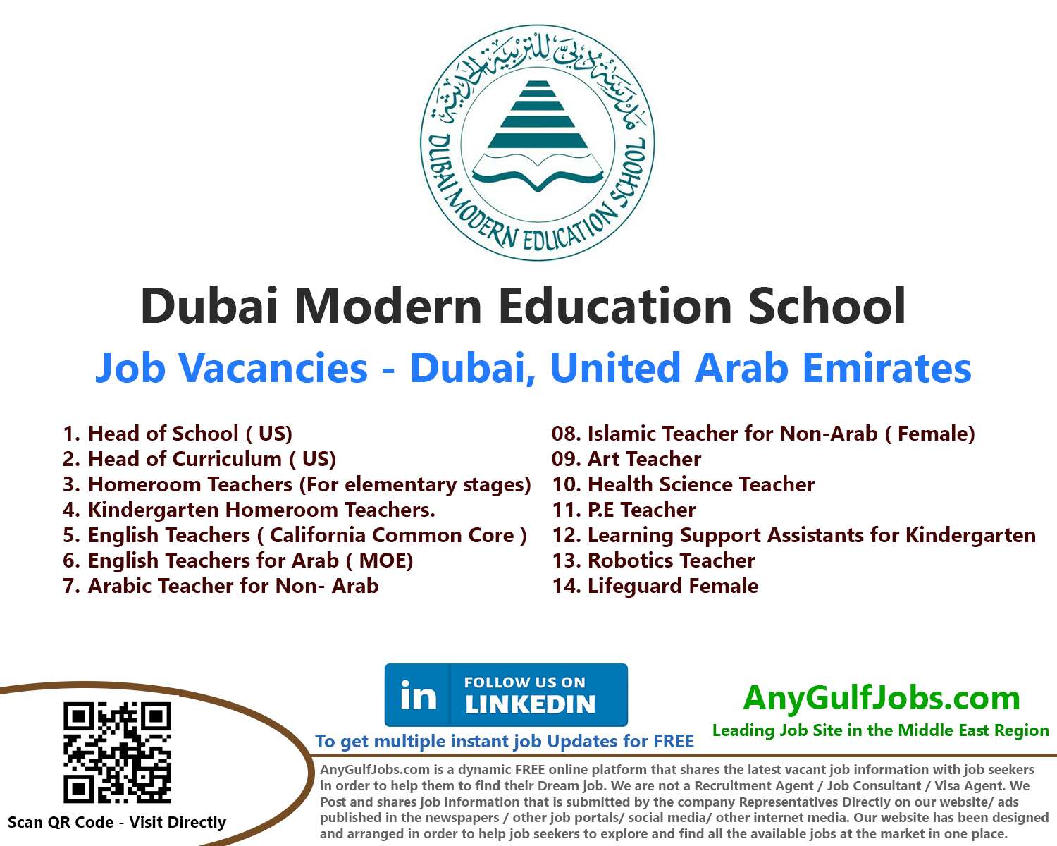 Dubai Modern Education School Job Vacancies - Dubai, United Arab Emirates