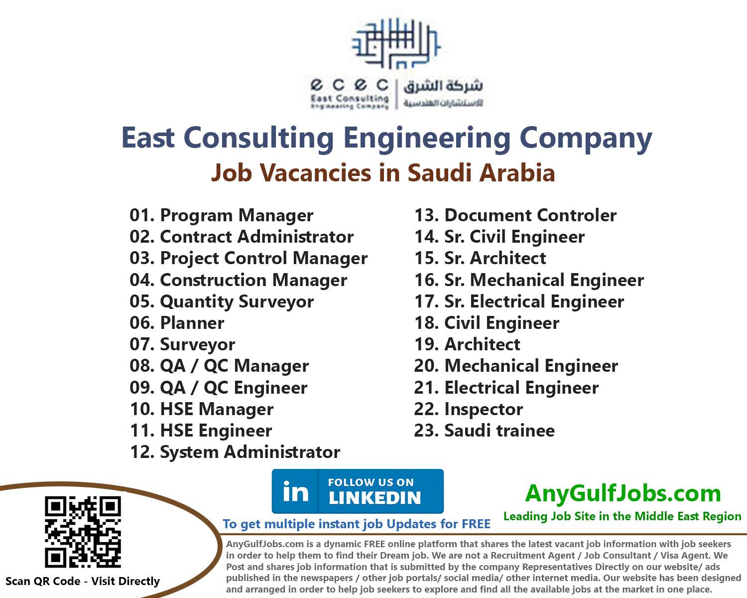 East Consulting Engineering Company Job Vacancies in Saudi Arabia