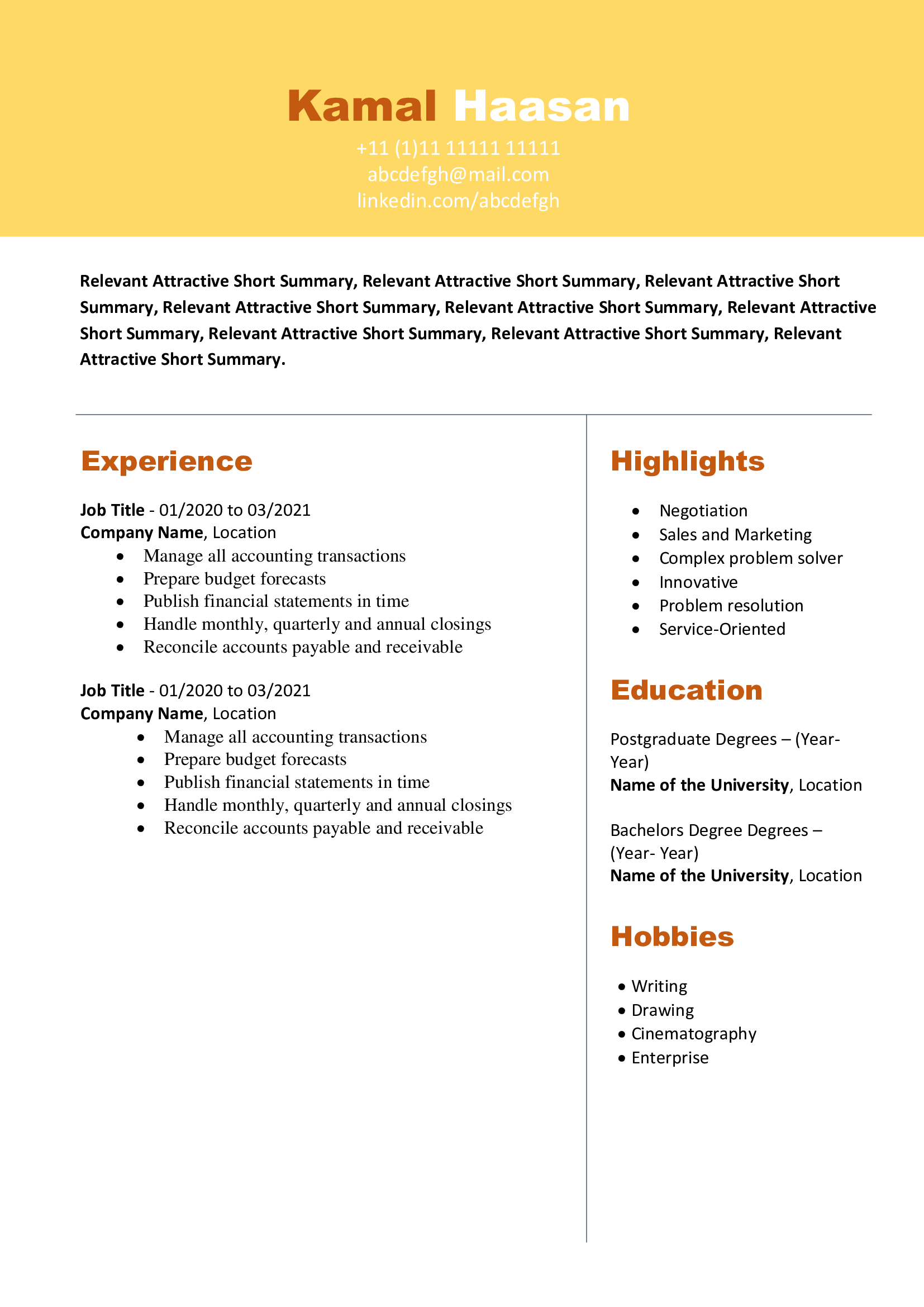 Free Download Professional CV Templates - Editable DOC - Kamal Haasan