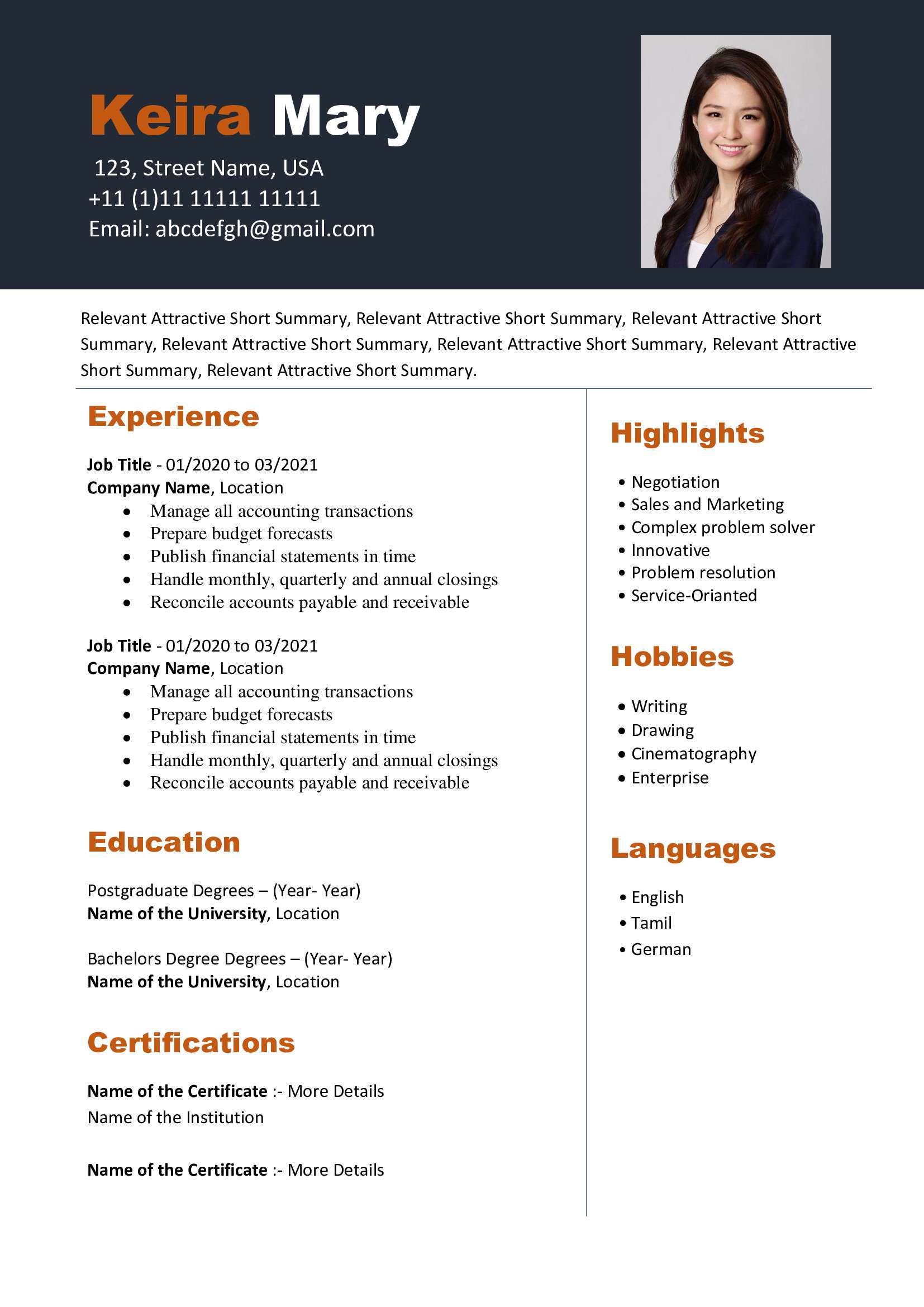 Free Download Professional CV Templates - Editable DOC - Keira Mary