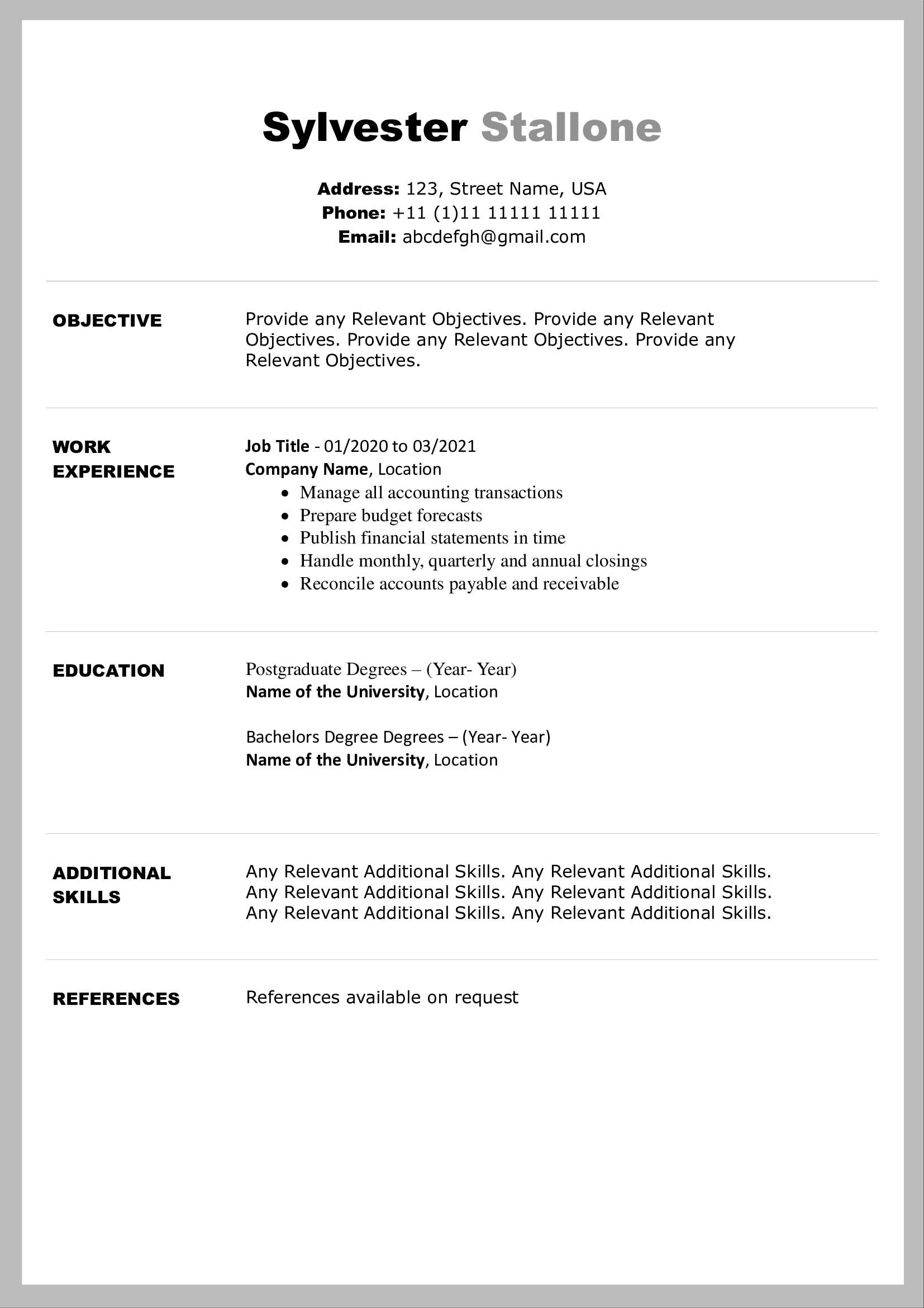 Free Download Professional CV Templates - Editable DOC - Sylvester Stallone