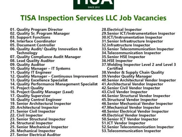 TISA Inspection Services LLC Job Vacancies in Saudi Arabia