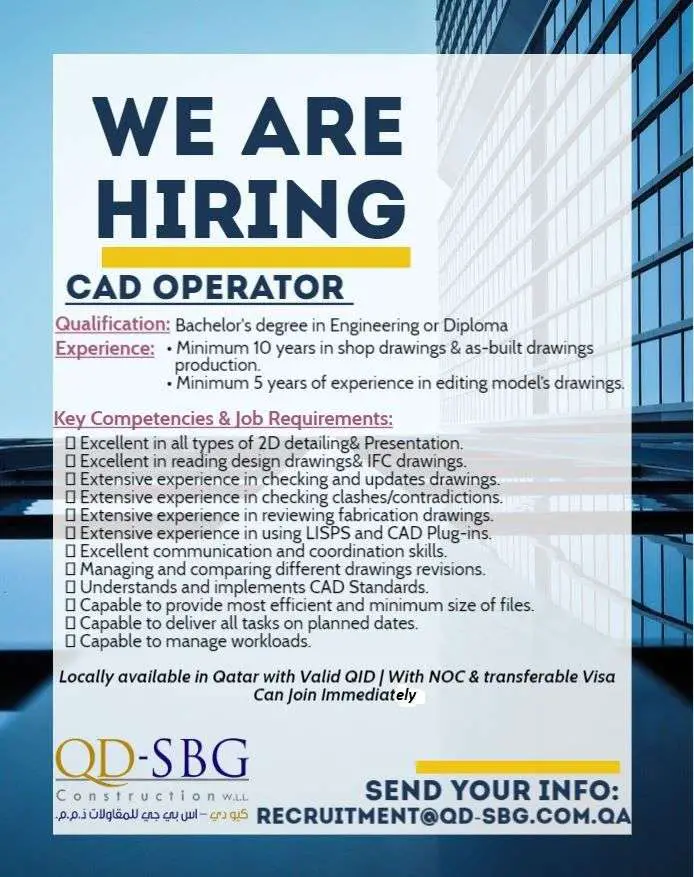 Job Vacancy -CAD Operator - Doha, Qatar QD-SBG Construction WLL - Doha, Qatar