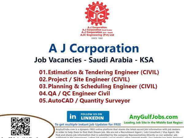 Multiple Job Vacancies  - A J Corporation Job Vacancies - Saudi Arabia - KSA