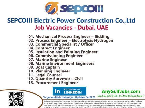 Multiple Job Vacancies  - SEPCOIII Electric Power Construction Co.,Ltd Job Vacancies - Dubai, United Arab Emirates