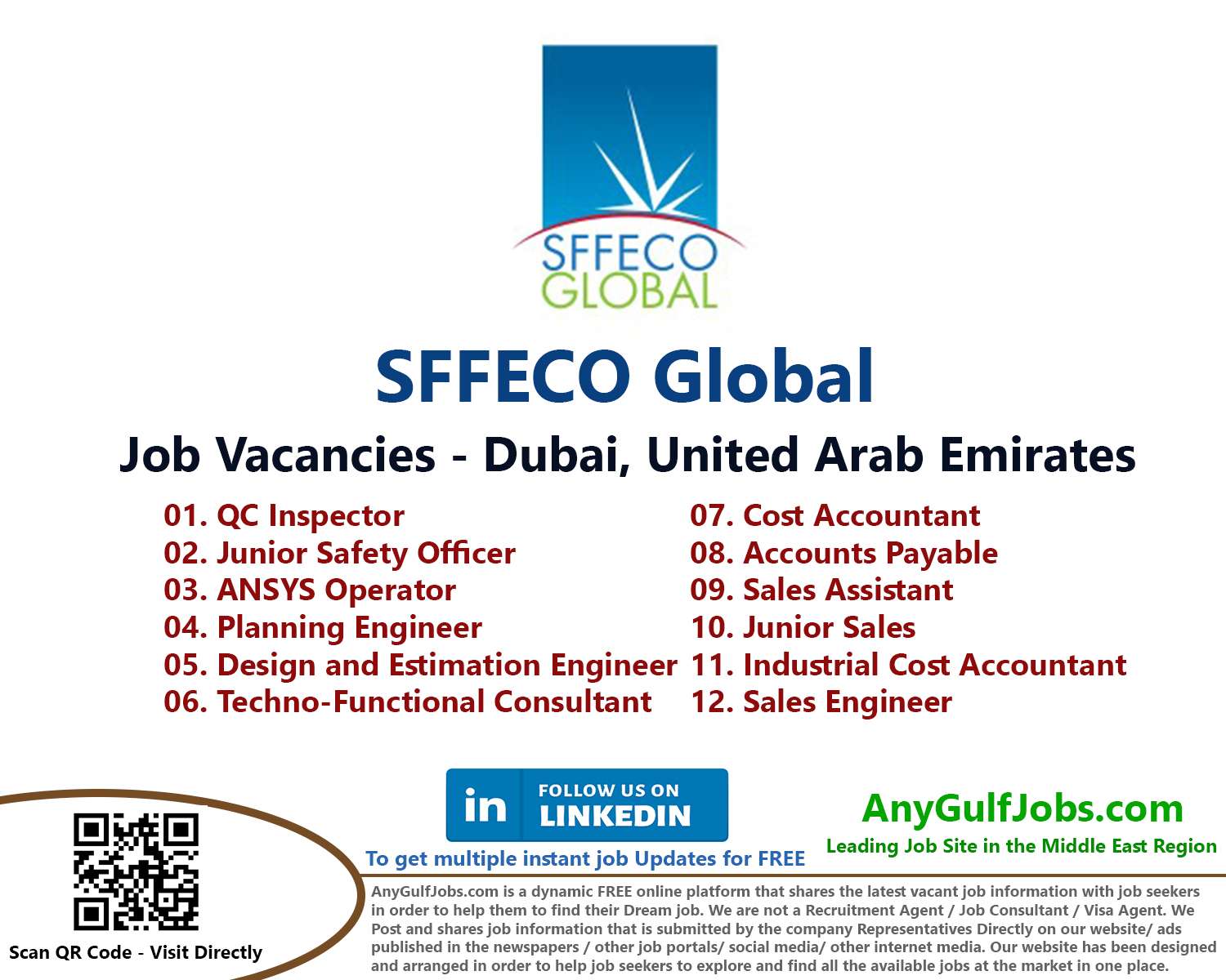 Multiple Job Vacancies  - SFFECO Global Job Vacancies - Dubai, United Arab Emirates