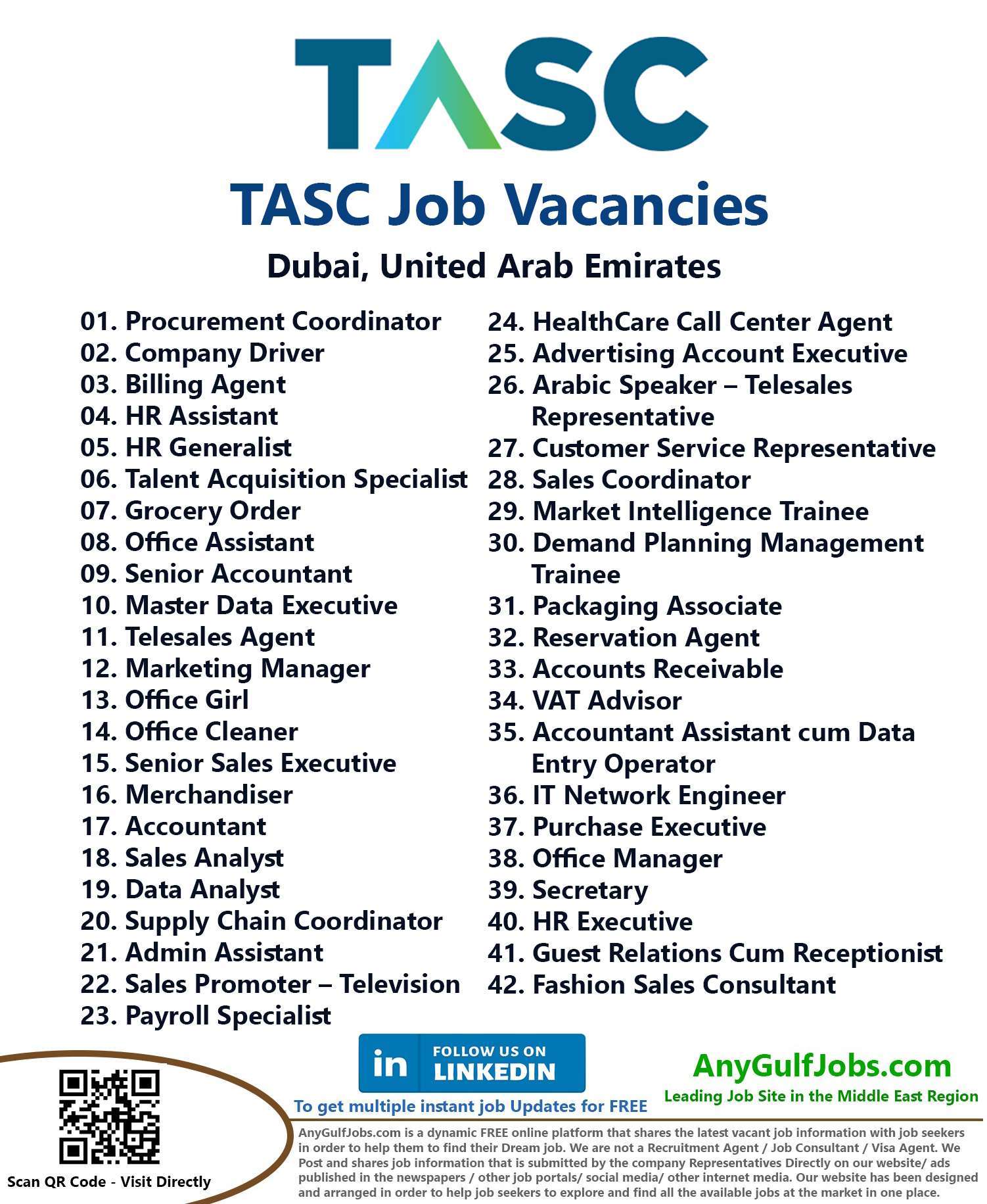 Multiple Job Vacancies  - TASC Outsourcing Job Vacancies - Dubai, United Arab Emirates