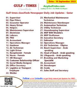 Gulf times classifieds Job Vacancies Qatar - 18 September 2022