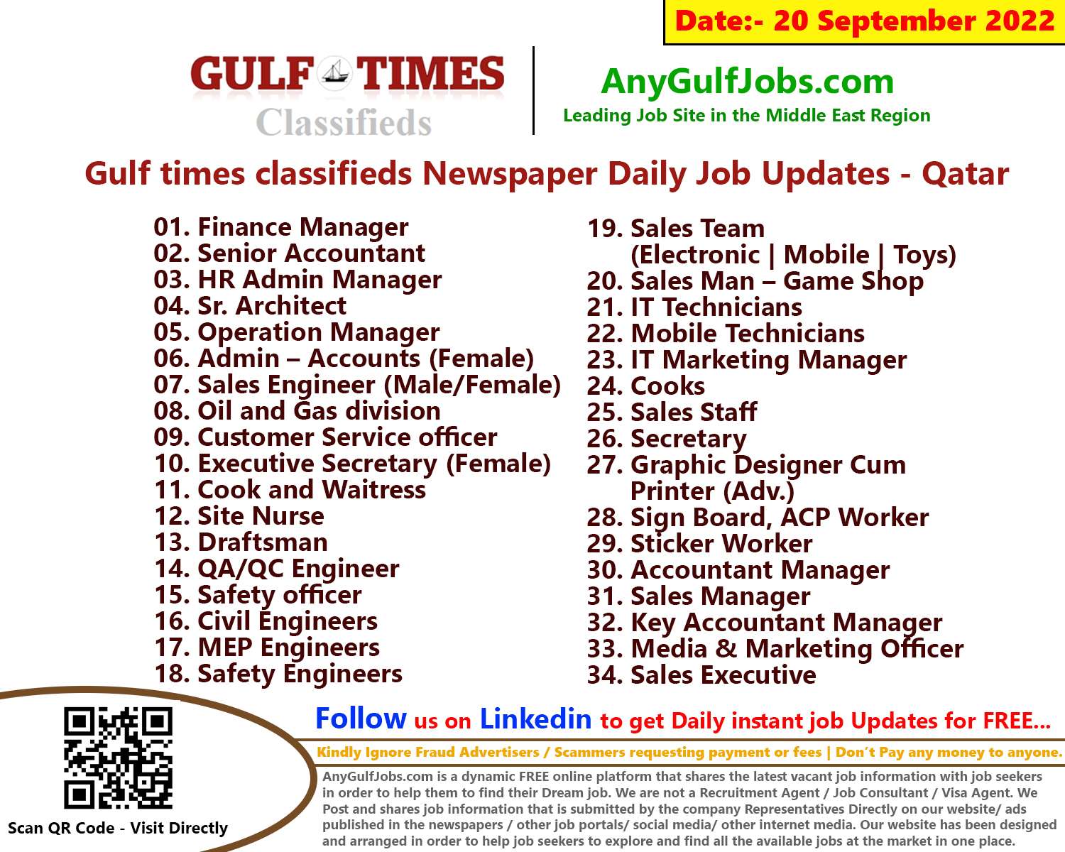 Gulf times classifieds Job Vacancies Qatar - 20 September 2022