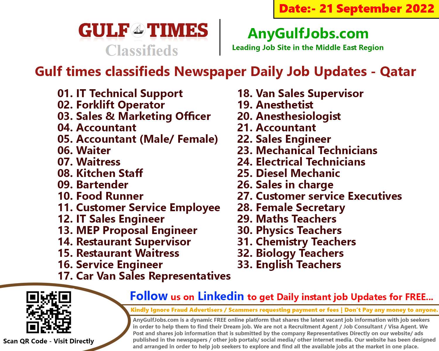 Gulf times classifieds Job Vacancies Qatar - 21 September 2022