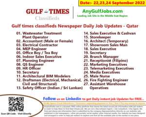 Gulf times classifieds Job Vacancies Qatar - 22, 23, 24 September 2022