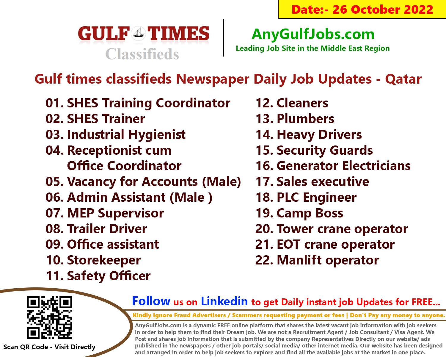 Gulf times classifieds Job Vacancies Qatar - 26 October 2022