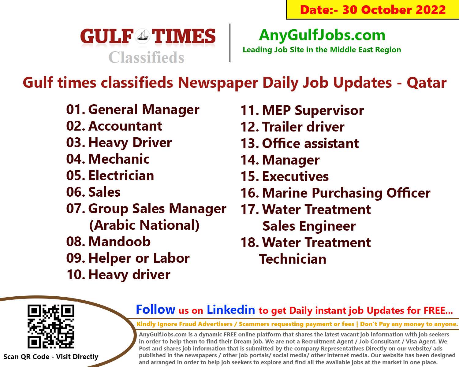 Gulf times classifieds Job Vacancies Qatar - 30 October 2022